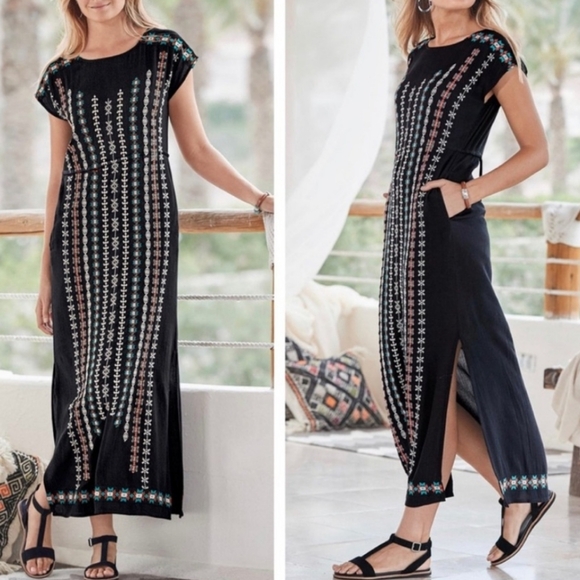 Sundance Multicolor Embroidered Cap Sleeve Maxi Dress with Back Tie - Picture 1 of 10